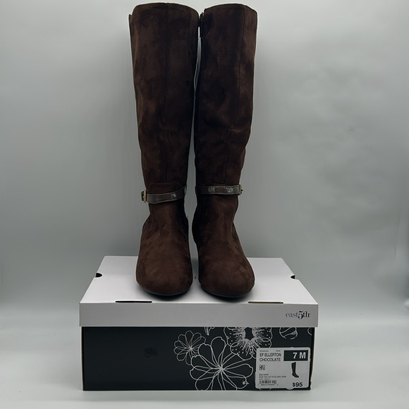 2529- East 5th Brown Over the Knee Boots Wedge Heel & Buckle Strap Size 7M NWT - Picture 9 of 10